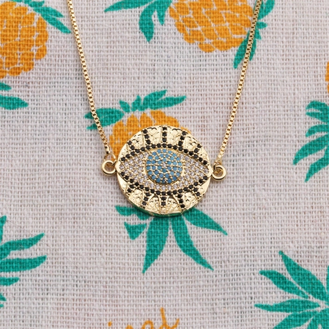 Evil Eye Hanger Ketting Verguld Koper Met Blauwe Zirkoon Strass Mode Verstelbare Box Ketting Voor Dames