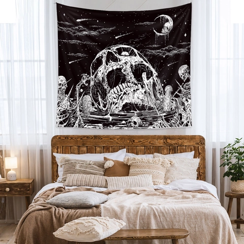 Arazzo Teschio Fondente Gotico Decorazione Parete Nero E Bianco Poliestere Luna Stelle Arte Scura