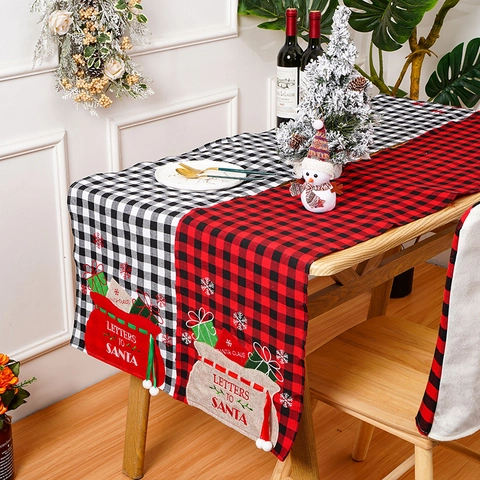Weihnachten Buffalo Karo Tischläufer Bestickt Letters To Santa Tischdecke Mit Weißen Pompons Feiertag Esszimmer Deko
