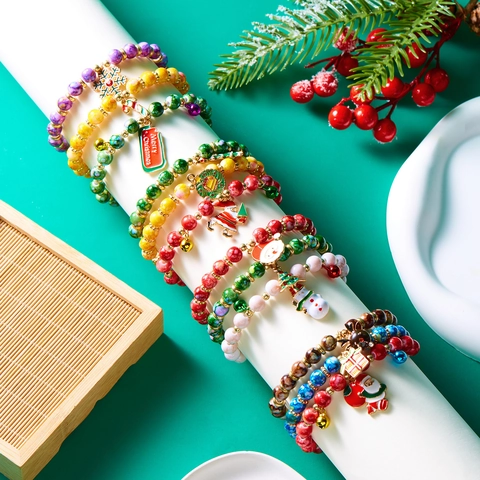 Pulseras De Cuentas De Navidad Colgantes De Aleación Papá Noel Muñeco De Nieve Reno Joyería De Moda Para Mujeres