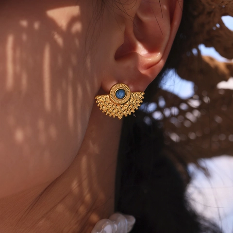 Orecchini A Lobo A Forma Di Ventaglio Vintage Acciaio Inossidabile Placcato Oro 18K Texture Boemia Pietra Turchese Blu