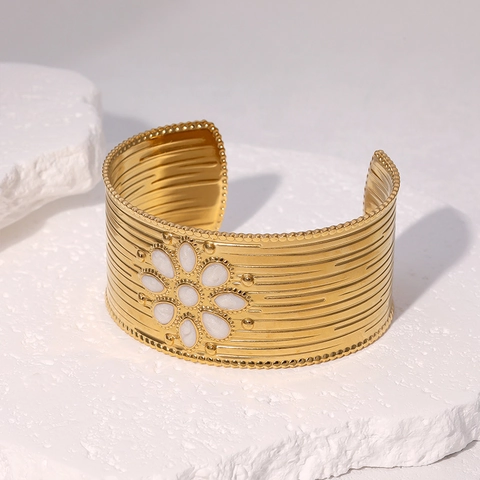 Offenes Manschettenarmband Edelstahl Vergoldet Emaille Blume Sonnensymbol Böhmisch Luxus Schmuck Für Frauen