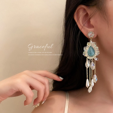 Vintage Quasten Ohrhänger Mit 925 Sterling Silver Earring Post Legierung Blauer Edelstein Strass Künstliche Perle Palast Stil Damen