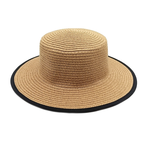 Cappello Paglia Boater Da Donna Corona Piatta Protezione Solare Traspirante Stile Francese Estate Spiaggia Elegante Con Bordo Nero
