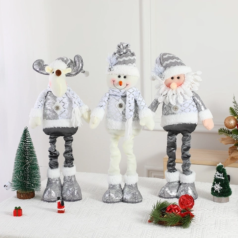 Christmas Standing Telescopic Doll Sequin Knit Cloth Adjustable Long Legs Silver White Nordic Style Desktop Decor