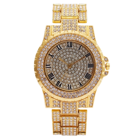 Lussuoso Orologio al Quarzo da Donna con Strass Numeri Romani Cinturino in Metallo Completamente Iced Out Orologio da Polso Elegante