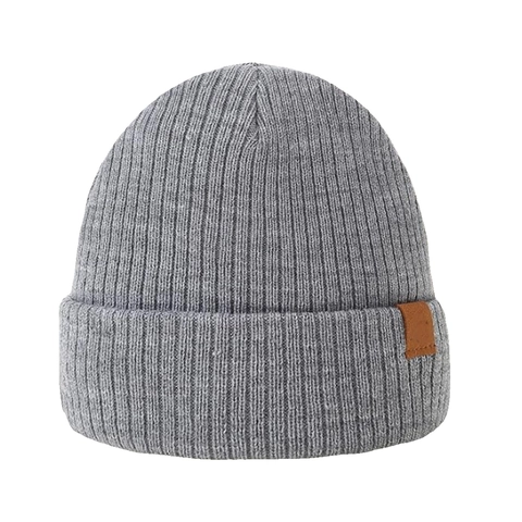 Unisex Winter Warm Ribbed Knit Beanie Hat Thick Double Layer Elastic Acrylic Solid Color Skull Cap With Leather Patch