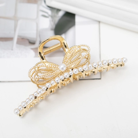 Pinza Per Capelli Elegante Fiocco Lega Metallo Perla Artificial Strass Clip Squalo Moda Coreana Accessori Per Capelli Donna