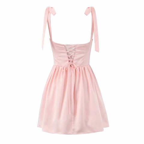 Women Sexy Backless Satin Mini Dress Bow Tie Strap Ruched Chest Sweet A-Line Party Summer Sundress Sleeveless Clothing