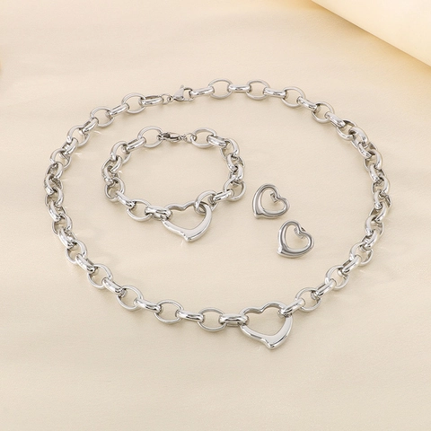 Acciaio Inossidabile Pendente Cuore Cavo Collana Bracciale Orecchini Catena Spessa Punk Hip Hop Gioielli Moda Donne