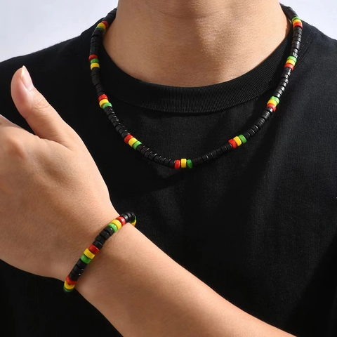 Rasta Reggae Stil Holzperlen Halskette Und Armband Handgemachter Bunter Ethno Stammes Schmuck Für Damen Und Herren