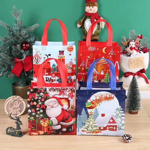 Christmas Gift Bags Laminated Non Woven Fabric Tote Handles Holiday Patterns Reusable Grocery Shopping Party Favor