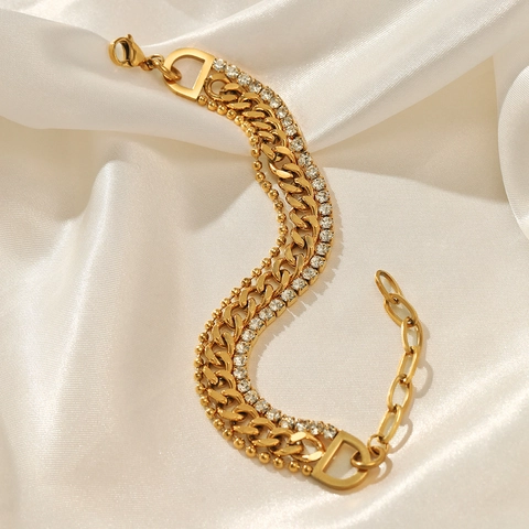 Fashion Layered Bracelet Stainless Steel Rhinestone Cuban Bead Chain Link Retro Trendy Jewelry Women