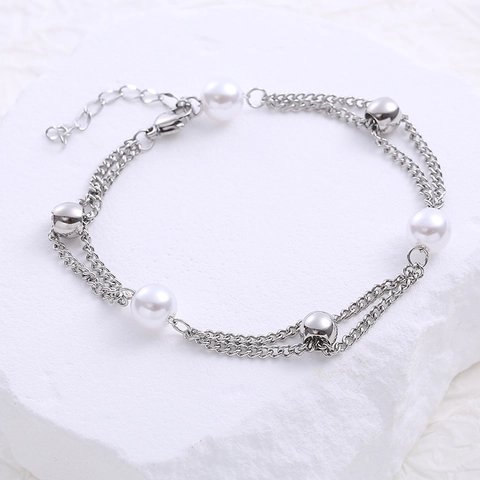 Pulsera De Doble Capa De Acero Inoxidable Con Perlas de Agua Dulce De Agua Dulce Y Cuentas Ajustable Chapado En Oro De 18K Joyería Elegante Para Mujer