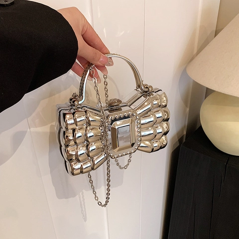 Bow Knot Evening Bag Acrylic Metal Hard Shell Clutch With Top Handle And Chain Strap For Women Party Banquet