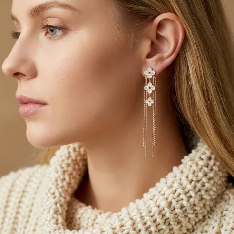 Boucles Oreilles Pampilles Fleurs Zircon Cuivre Avec Tige En Argent Plaqué Or 18K Bijoux Luxe Vintage Pour Femmes