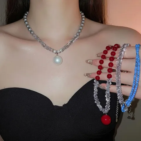 Zircon Glass Artificial Pearl Round Beaded Pendant Necklace Vintage Stone Crystal Elegant Clavicle Chain Jewelry For Women