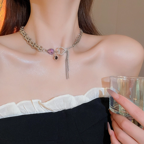 Collier Pendentif Pierre Cœur Alliage Zircon Strass Chaîne Asymétrique Franges Gland Trendy Cool Bijoux Pour Femmes