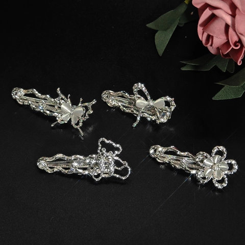 Alloy Butterfly Flower Hair Clip Rhinestone Cat Eye Stone Inlaid Duckbill Side Hairpin Elegant Headwear For Women Girls