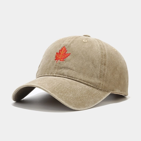 Retro Washed Cotton Baseball Cap Maple Leaf Embroidery Curved Brim Adjustable Sun Protection Hat For Men Women