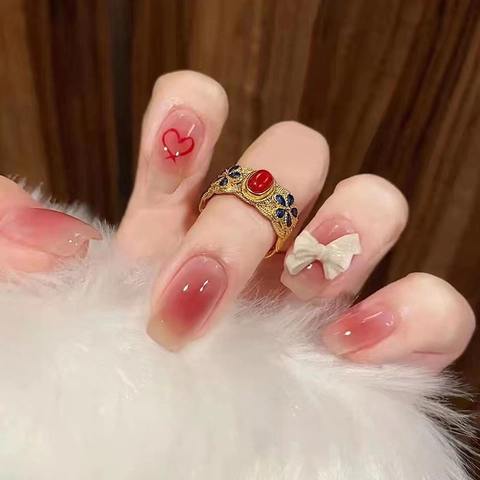 Ombre Pink Press On Nails With Resin Bow And Heart Design Square Round Sweet Style Artificial Fingernails