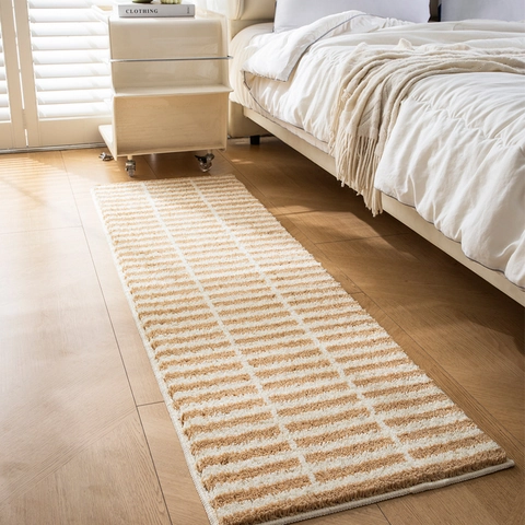 Alfombra De Cabecera Flocada De Rayas Cuadriculada Tapete De Felpa Antideslizante Para Dormitorio Sala Absorbente Suave Moderna