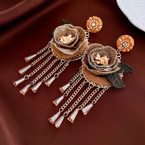 Vintage Bloemen Kwastje Hanger Oorbellen Met 925 Sterling Zilveren Oorsteker Legering Strass Kristal Borduurwerk Dames
