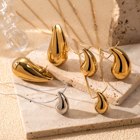 Collana Con Pendente A Goccia D'acqua E Orecchini Acciaio Inossidabile Lucidato Martellato Gioielli Minimalisti Donne Accessorio Elegante