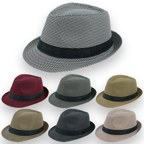 Vintage Houndstooth Fedora Hat Classic British Style Retro Sun Protection Travel Fashion Cap Ribbon Decor