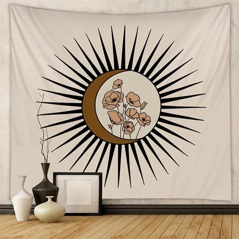 Bohemian Tapestry Wall Hanging Polyester Sun Moon Floral Print Boho Aesthetic Decorative Background Cloth For Bedroom Living Room