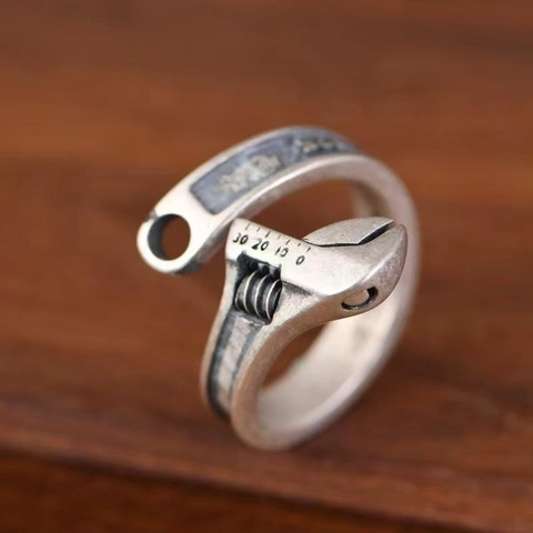 Creative Wrench Shape Ring For Women Vintage Antique Silver Color Adjustable Open Alloy Jewelry Industrial Style Novelty