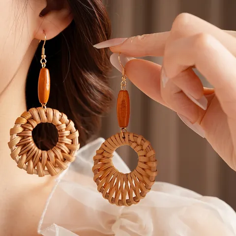 Bohemian Rattan Wicker Hoop Earrings With Wood Bead And Steel Earring Post Vintage Ethnic Handmade Jewelry For Women
