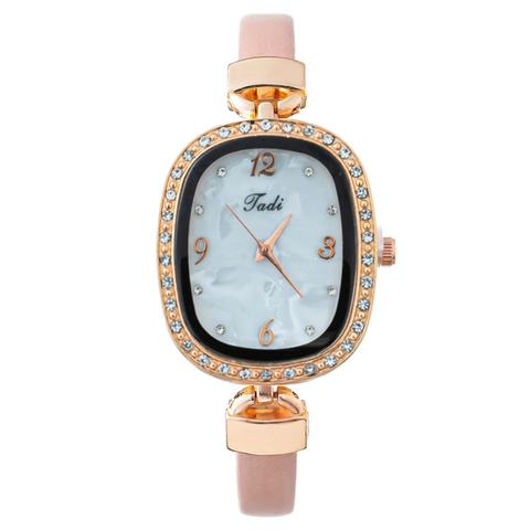 Women Fashion Quartz Watch Oval Rhinestone Alloy Case Faux Leather Strap Elegant Analog Ladies Wristwatch Marble Dial