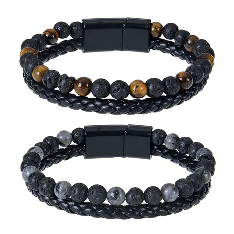Double Layer Natural Stone Tiger Eye Lava Stone Bead Bracelet Leather Rope Magnetic Clasp For Men Fashion Jewelry