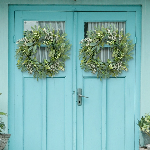 Corona Artificial De Eucalipto Y Bayas Hojas Verdes Bayas Blancas Para Puerta Principal Pared Decoración Rústica Natural