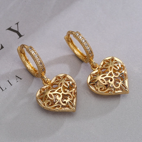 Hollow Heart Drop Earrings Copper Real Gold Plated Zircon Inlaid Vintage Style Fashion Jewelry For Women