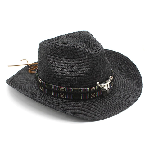 Western Cowboy Straw Hat Vintage Woven Bull Head Metal Decor Ethnic Band Wide Brim Sun Protection Unisex