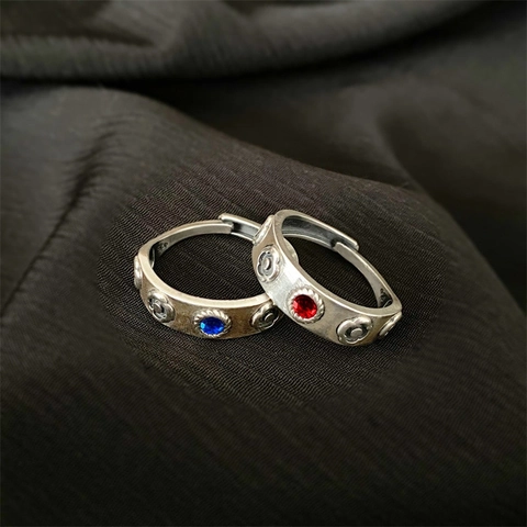 Vintage Flower Castle Ring Adjustable With Blue Red Gemstone Retro Jewelry