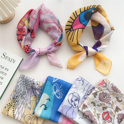 Bedrucktes Quadratisches Halstuch Baumwolle Leinen Mix Künstlerische Geometrische Muster Multi Use Halstuch Haarband Für Damen
