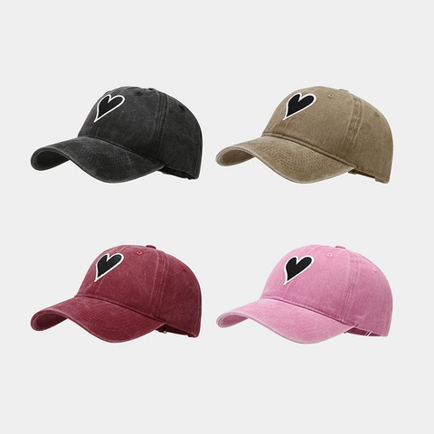 Casquette De Baseball Avec Broderie Coeur Coton Lavé Rétro Ajustable Chapeau Soleil Style Vintage Décontracté Unisexe