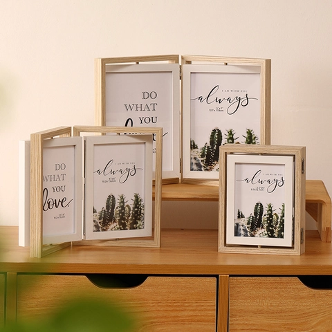 Minimalistischer Doppelseitiger Drehbarer Fotorahmen Holz MDF Faltbarer Schreibtisch Bilderdisplay Home Dekor Ornament