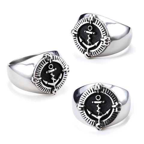 Anello Sigillo Ancora Bussola Acciaio Inossidabile Nautico Vintage Punk Gioielli Da Uomo Lucidato
