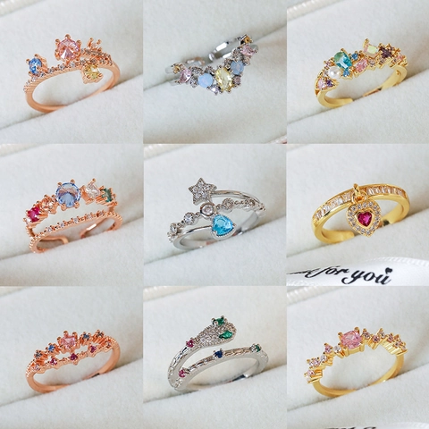 Verstellbarer Offener Ring Für Frauen Kupfer Zirkonia Bunt Herz Stern Krone Schlange Modeschmuck