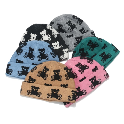 Umschlagmütze Beanie Acryl Strick Warm Winter Cartoon Bär Muster Jacquard Weiche Thermische Kopfbedeckung Für Damen