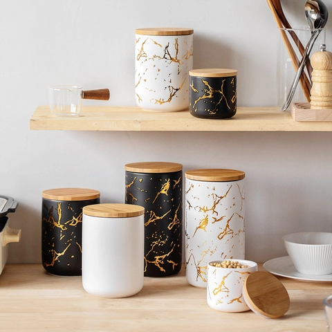 Ceramic Storage Jar Porcelain Canister With Bamboo Lid Silicone Seal Marble Grain Gold Nordic Style For Coffee Tea Sugar