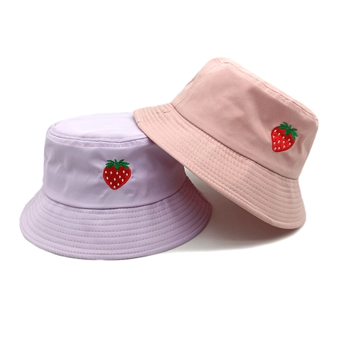 Bob Chapeau Coton Polyester Broderie Fraise Protection Solaire Été Extérieur Voyage Style Vintage Pour Femmes