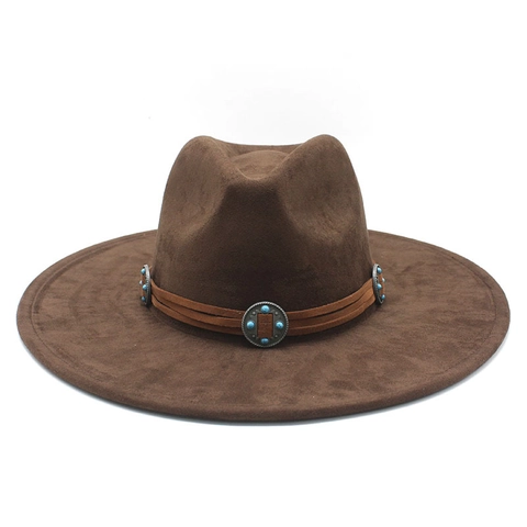 Retro Western Cowboy Fedora Hat Suede Wide Brim With Faux Leather Belt And Turquoise Accents For Men Women