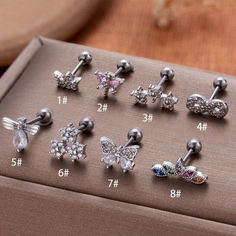 Stainless Steel Zircon Cartilage Stud Earrings Flower Dragonfly Crown Screw Back Piercing Jewelry For Women