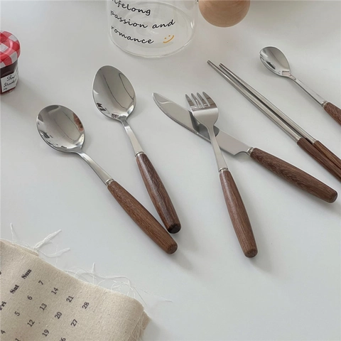 Edelstahl Besteck Mit Wenge Holzgriff Vintage Retro Essgeschirr Löffel Gabel Messer Essstäbchen Wiederverwendbar