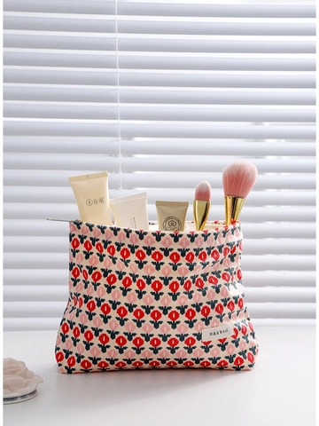 Florale Kosmetiktasche Cord Jacquard Tragbare Reise Make-up Tasche Große Kapazität Vintage Tulpenmuster Für Damen